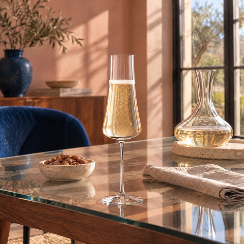Flûte à champagne Bleuet remplie de vin effervescent doré, table en verre, amandes salées, serviette en lin et carafe