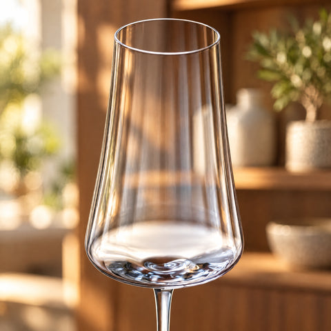 Gros plan sur le haut du calice de la flûte à champagne Nervure, bord lisse, paroi transparente, étagère en bois, vase et plante flous