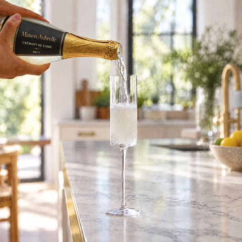 Main versant un vin effervescent d'une bouteille étiquetée dans la flûte à champagne Chandelle, au bord d'un comptoir