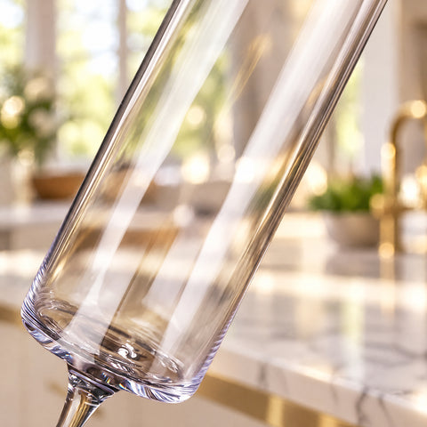 Gros plan sur le bas du calice de la flûte à champagne Chandelle, inclinée devant un plan de marbre et un robinet doré flous.