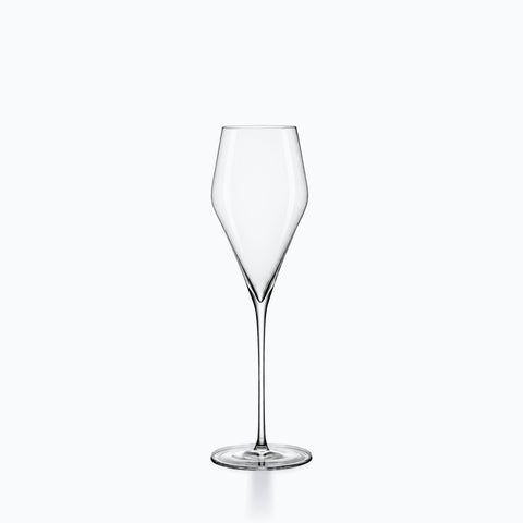 Flûte à champagne tige colorée, coupe tulipe élancée en cristal sur pied rond plat