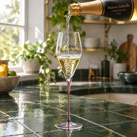 Main versant un vin effervescent d'une bouteille à col doré dans le verre à champagne Oriflamme, bulles et mousse