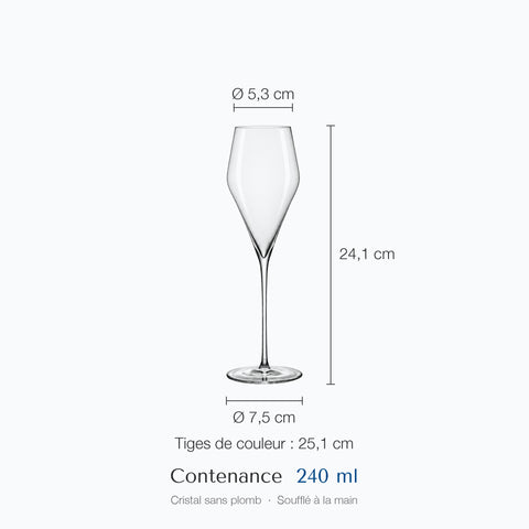 Cotes du verre à champagne Oriflamme : hauteur 24,1 cm (25,1 cm tige colorée), diamètre haut 5,3 cm, base 7,5 cm, 24 cl