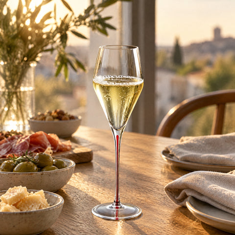 Verre à champagne Oriflamme rempli de vin effervescent, deux sablés au pied, table ronde en bois et serviettes en lin