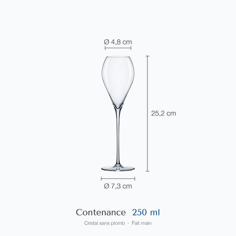 Cotes de la flûte à champagne Navette : hauteur 25,2 cm, diamètre du haut 4,8 cm et de la base 7,3 cm, contenance 25 cl