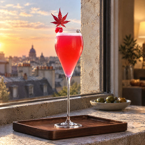 Cocktail rouge garni d'une cerise et d'une feuille d'érable dans la flûte à champagne Navette, toits de ville en fond