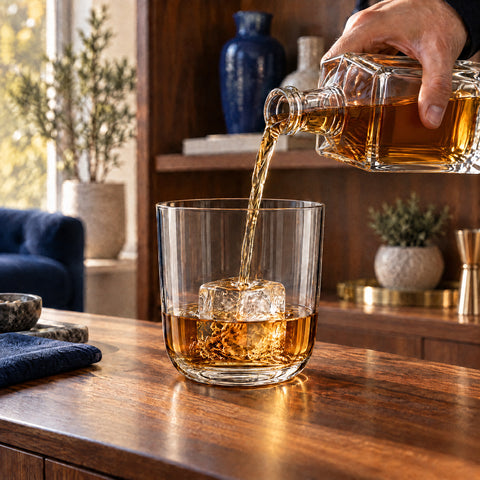 Filet ambré versé d'une carafe en cristal sur un gros glaçon carré dans le verre à whisky Voile, posé sur le comptoir