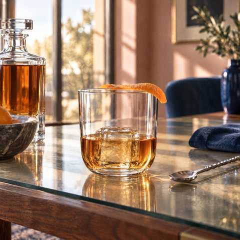 Le verre à whisky Voile rempli au tiers d'un alcool ambré sur un glaçon carré, zeste d'orange sur le bord, carafe en cristal