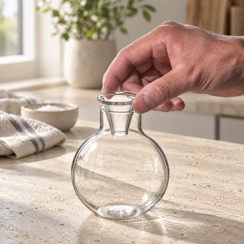 Main pinçant le bord du verre à cocktail Siphon vide, comptoir en travertin clair et torchon en lin