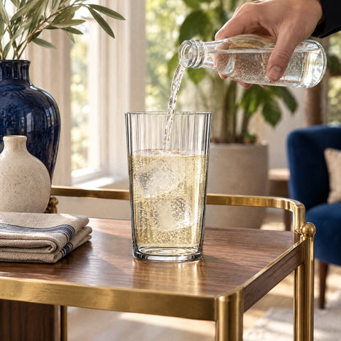 Main versant du tonic dans le gobelet strié Écorce à demi rempli sur glaçons, desserte en laiton et noyer près d'une fenêtre