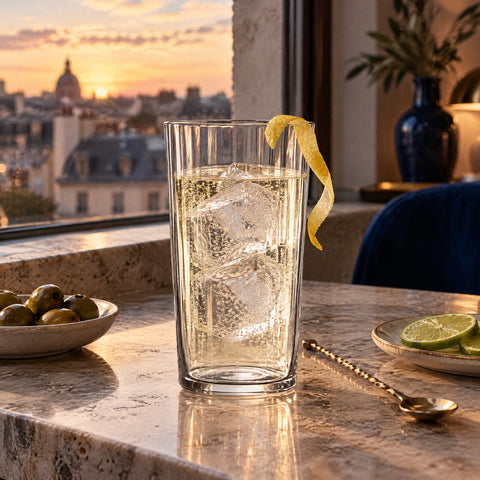 Gin tonic sur glace dans le gobelet strié Écorce, zeste de citron au bord, cuillère de bar et rondelles de citron vert
