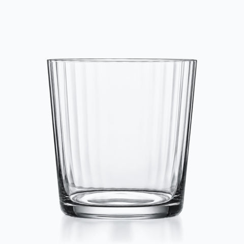 Gobelet verre soufflé transparent, bas et large, à cannelures verticales et buvant lisse