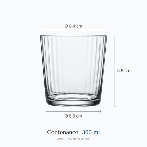 Cotes du gobelet en verre soufflé Dorique : hauteur 8,8 cm, diamètre 8,4 cm en haut et 6,8 cm à la base, contenance 36 cl