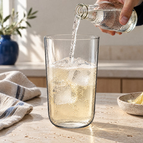Main de barman versant du tonic sur trois glaçons et du gin dans le grand verre à café Margelle, comptoir en travertin