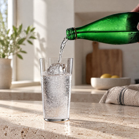 Eau gazeuse versée dans le grand verre à mojito Jupon depuis une bouteille verte, cuisine minimaliste et torchon de lin