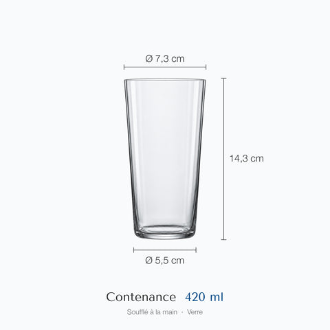 Cotes du grand verre à mojito Jupon : hauteur 14,3 cm, diamètre 7,3 cm en haut et 5,5 cm à la base, contenance 42 cl