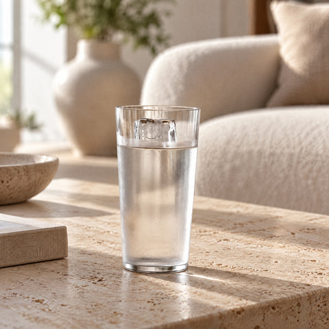 Grand verre à mojito Jupon rempli d'eau avec glaçon et buée, table basse de salon et canapé en bouclette crème