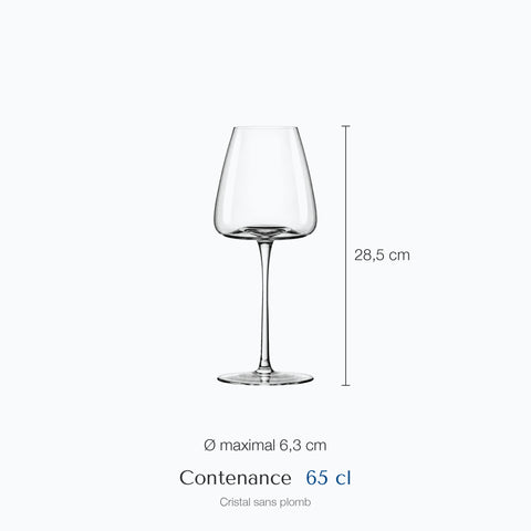 Dimensions : Grand Verre à Vin (hauteur 28,5 cm, diamètre 6,3 cm, contenance 65 cl)