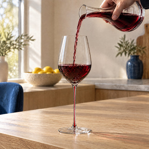 Main versant un filet de vin rubis d'une carafe en cristal dans le grand verre à vin rouge Vocalise, posé sur un comptoir