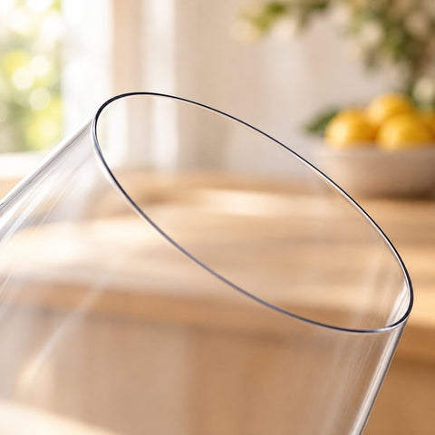 Gros plan sur le buvant ultrafin du grand verre à vin rouge Vocalise, îlot en chêne clair et coupe de citrons flous au fond