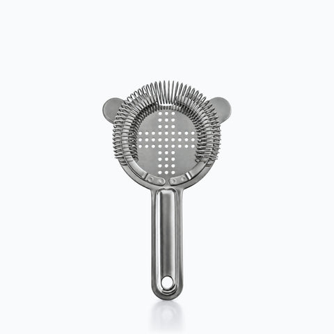 Hawthorne strainer en inox poli, platine ronde percée en croix, ressort et manche plat