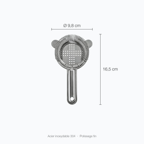 Dimensions du Hawthorne strainer Croisée : hauteur 16,5 cm, diamètre haut 9,8 cm