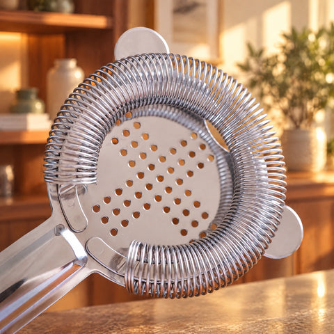 Gros plan sur la platine percée en croix et le ressort du Hawthorne strainer Croisée, fond flou aux tons chauds