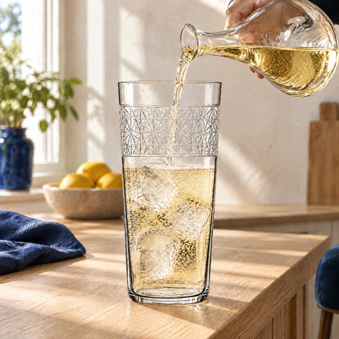 Main versant d'une carafe un liquide pétillant or pâle dans le verre highball Croisillon, sur trois glaçons, au comptoir