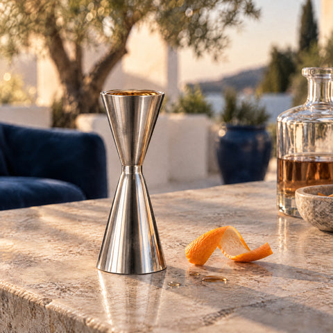 Doseur Arête debout, cône supérieur rempli de whisky ambré, zeste d'orange posé à plat et quelques gouttes autour