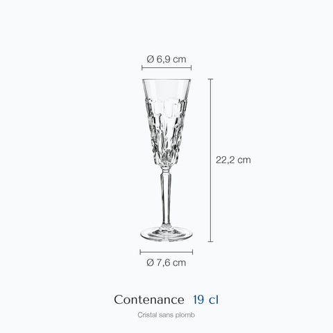 Dimensions : Jolie Verre à Champagne Flûte (hauteur 22,2 cm, diamètre 6,9 cm, contenance 19 cl)