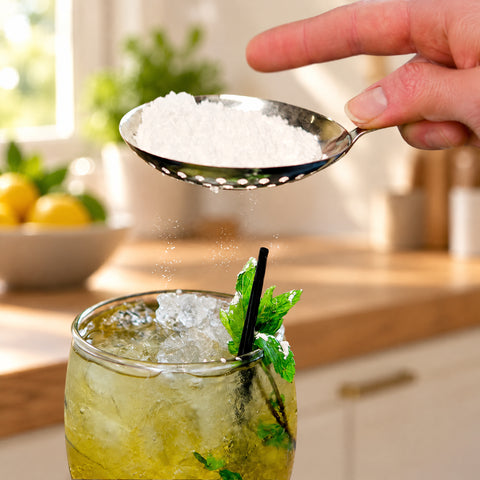 Gros plan sur la coupelle percée du julep strainer Cuilleron chargée de glace pilée, cocktail et menthe, cuisine claire floue