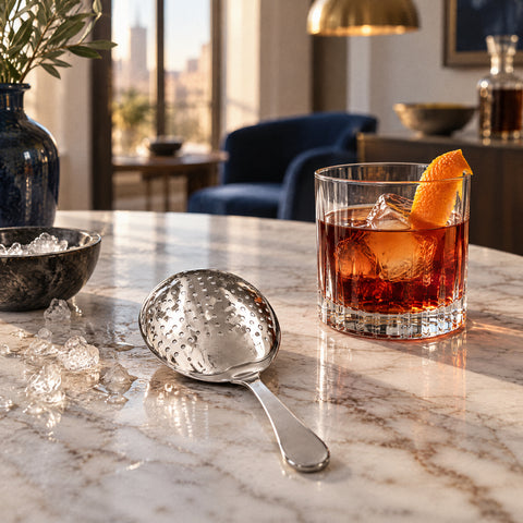 Julep strainer Cuilleron posé à plat sur le comptoir, verre de cocktail ambré et zeste d'orange, éclats de glace fondants