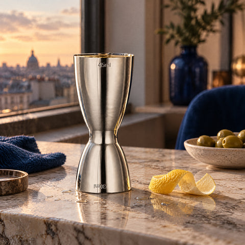 Mesure cocktail Étalon debout, remplie à ras bord de gin doré pâle, zeste de citron et gouttes d'alcool sur le comptoir