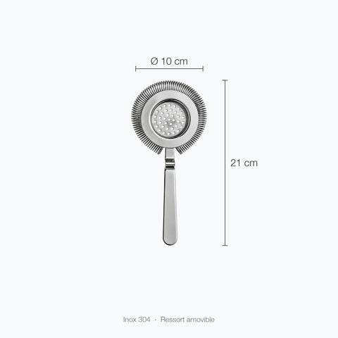 La passoire Hawthorne Vrille sur fond blanc avec ses cotes : hauteur 21 cm, diamètre du haut 10 cm