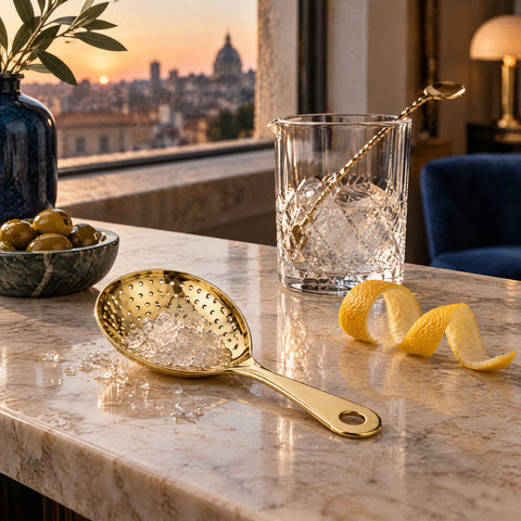 Passoire inox de couleur Palette à plat sur la table, glace pilée dans la coupelle, zeste de citron et cuillère de bar