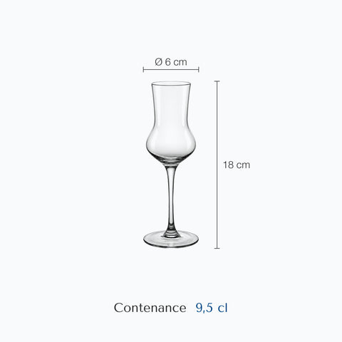 Dimensions : Petit Verre à Champagne (hauteur 18 cm, diamètre 6 cm, contenance 9,5 cl)