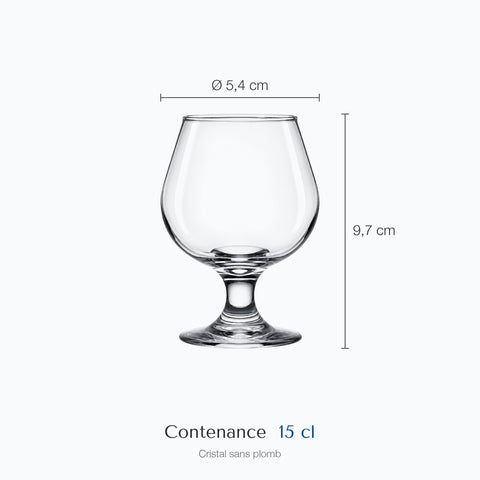 Dimensions : Petit Verre à Cognac (hauteur 9,7 cm, diamètre 5,4 cm, contenance 15 cl)