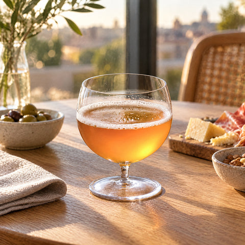 Petit verre ballon Cabosse rempli d'une boisson ambrée à col de mousse, assiette blanche et fourchette sur set en cuir