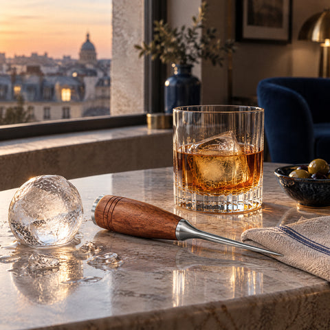 Pic à glace Poinçon couché sur le comptoir, pointe sur un linge, près d'un verre de whisky et d'une sphère de glace