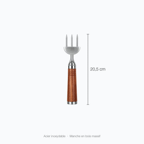 Pic à glace trois pointes Trident de face sur fond clair, trait de cote vertical et mentions acier inoxydable, manche en bois massif.