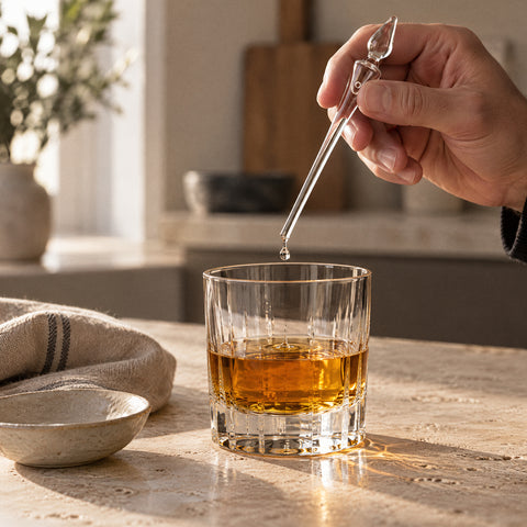 Main tenant la pipette à eau pour whisky Larme comme un stylo, une goutte d'eau tombant dans un tumbler de spiritueux ambré