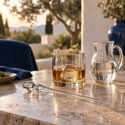 Pipette en verre Clochette couchée sur le comptoir, quelques gouttes dans le tube, verre de whisky et petit pichet d'eau