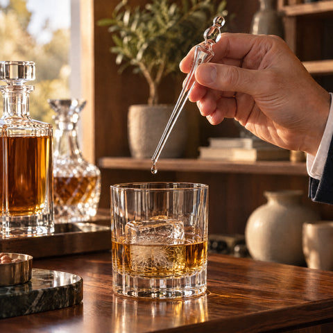 Main libérant une goutte d'eau de la pipette pour rhum Fleuron dans un verre de whisky sur glaçon, carafe en cristal