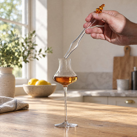 Main versant un filet d'eau avec la pipette à whisky Miel dans un verre tulipe de whisky ambré, îlot en chêne clair