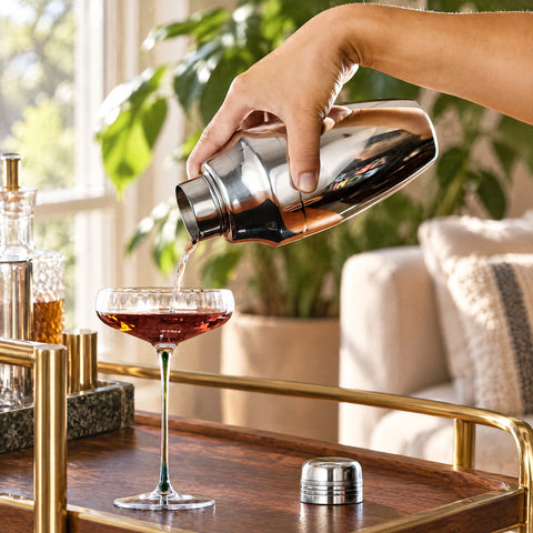 Main versant un filet du shaker Amande dans une coupe à pied de cocktail rose, chariot de bar en laiton et noyer