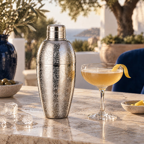 Shaker à cocktail Rinceau fermé près d'une coupe de boisson ambrée pâle, zeste de citron sur le bord, glaçons fondants