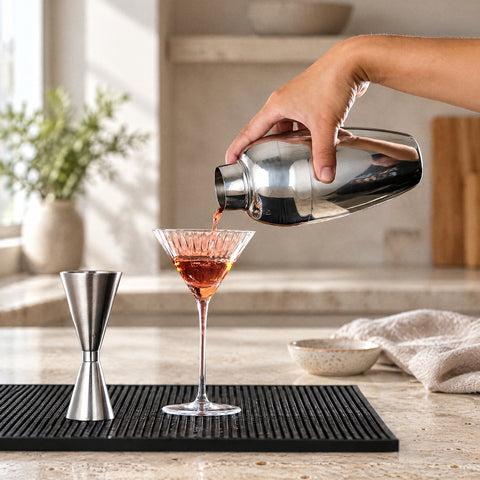 Main versant un cocktail ambré rosé du shaker cobbler Galbe dans une coupe à pied, doseur double et torchon de lin flou