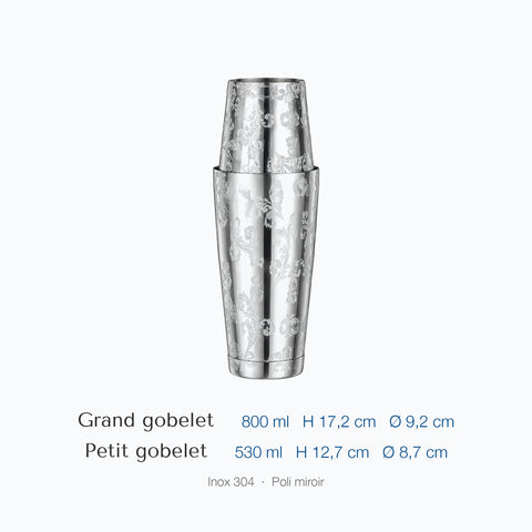Shaker à cocktail Ramage : deux gobelets emboîtés gravés de rinceaux floraux sur fond blanc, grand gobelet 800 ml, hauteur 17,2 cm, diamètre 9,2 cm