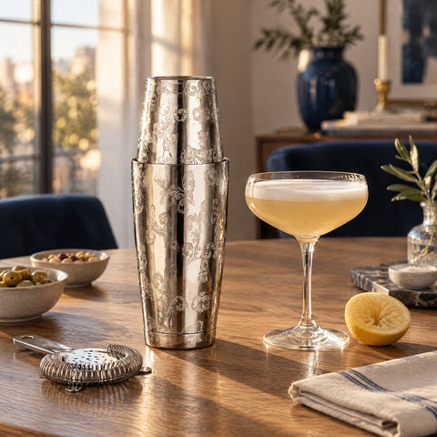 Shaker à cocktail Ramage fermé et debout, coupe de sour doré à mousse blanche, demi-citron pressé, passoire hawthorne