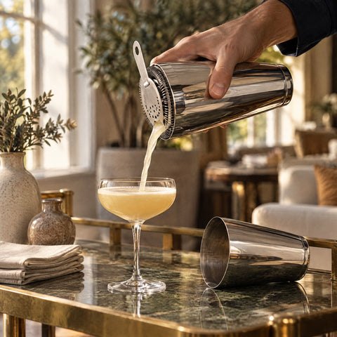 Sour doré trouble versé du grand gobelet du shaker Boston Paume dans une coupe, petit gobelet couché sur le comptoir